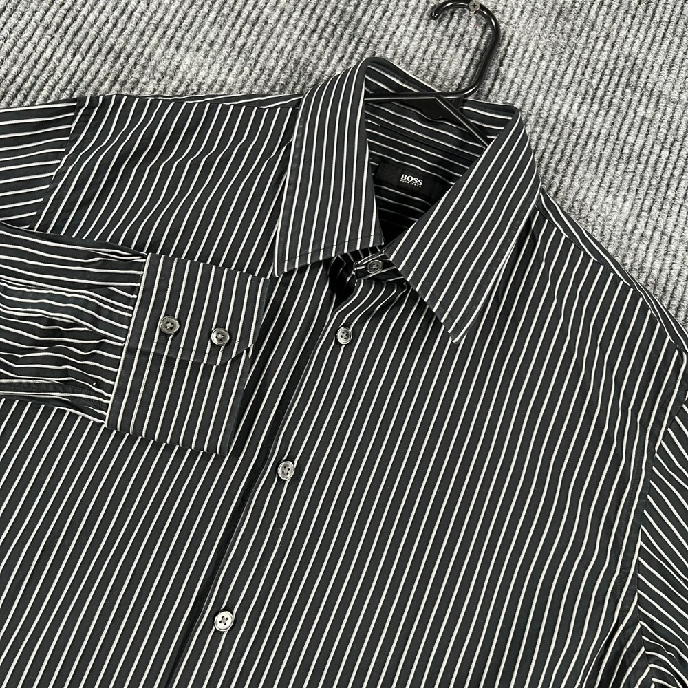 Hugo Boss Shirt Mens 17 Large Black Striped Long Sleeve Button Up Dress Casual
